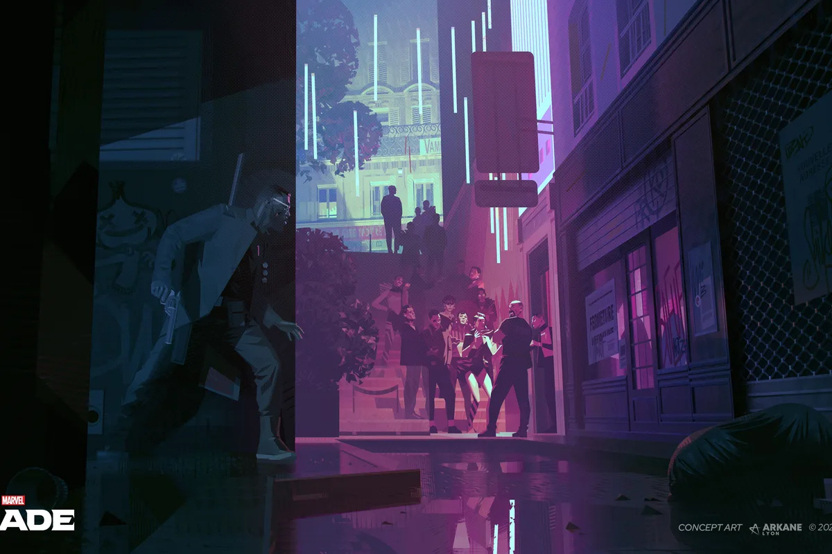 Deuxième illustration conceptuelle officielle de Marvel's Blade montrant le héros évoluant dans un Paris nocturne illuminé de néons