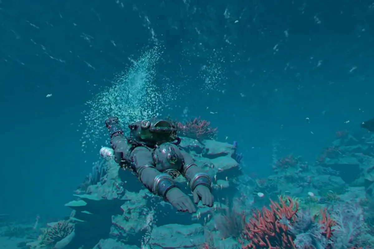 Un explorateur équipé d'une combinaison de plongée traverse des récifs sous-marins dans Crimson Desert