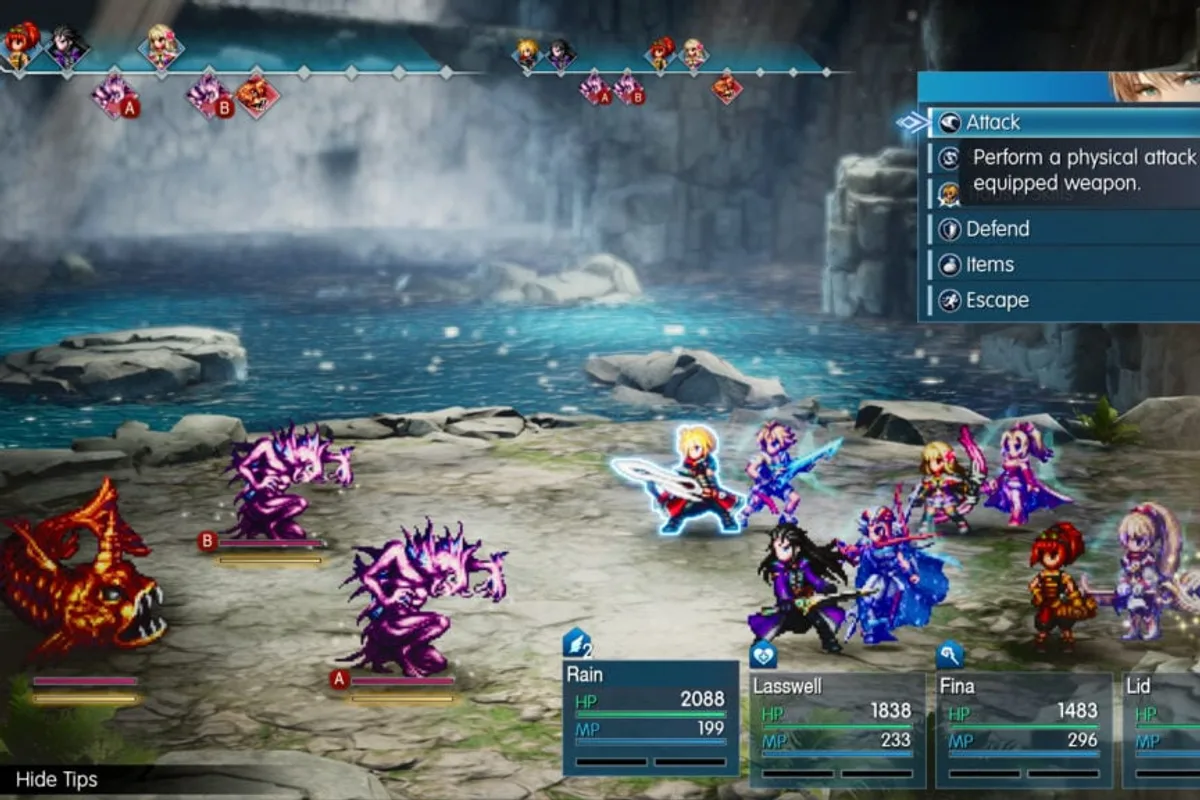 Combat au tour par tour de Final Fantasy Resonance avec personnages en pixel art et commandes de combat