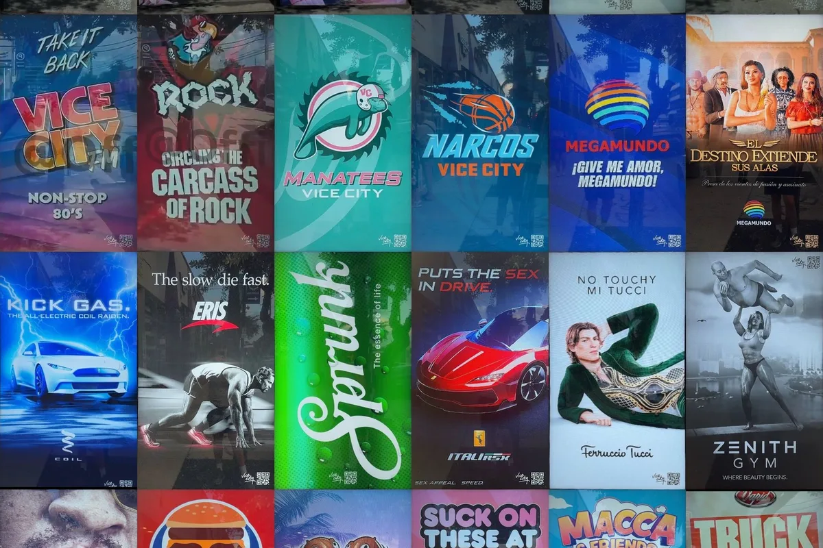 Mosaïque des 24 publicités fictives de GTA VI photographiées sur les bornes numériques de Miami