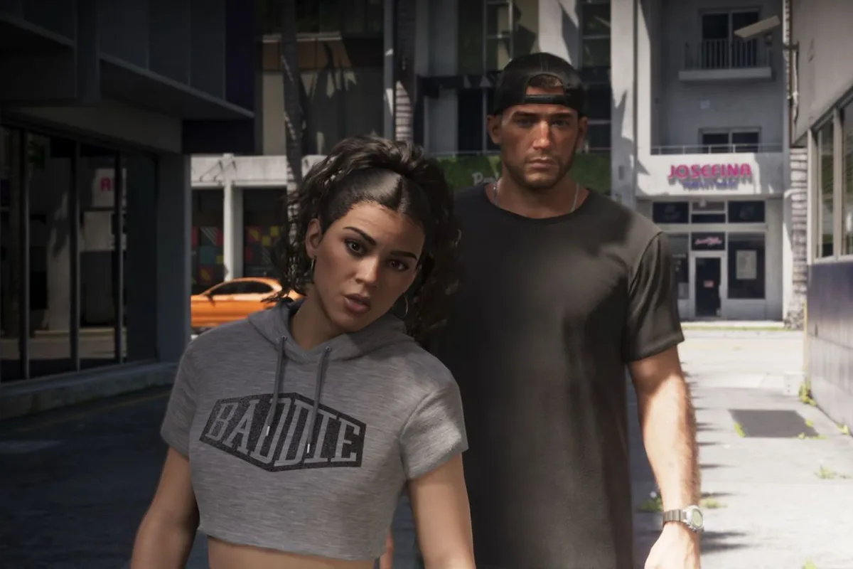 Jason et Lucia dans une rue de Vice City, extrait de la présentation promotionnelle de GTA VI