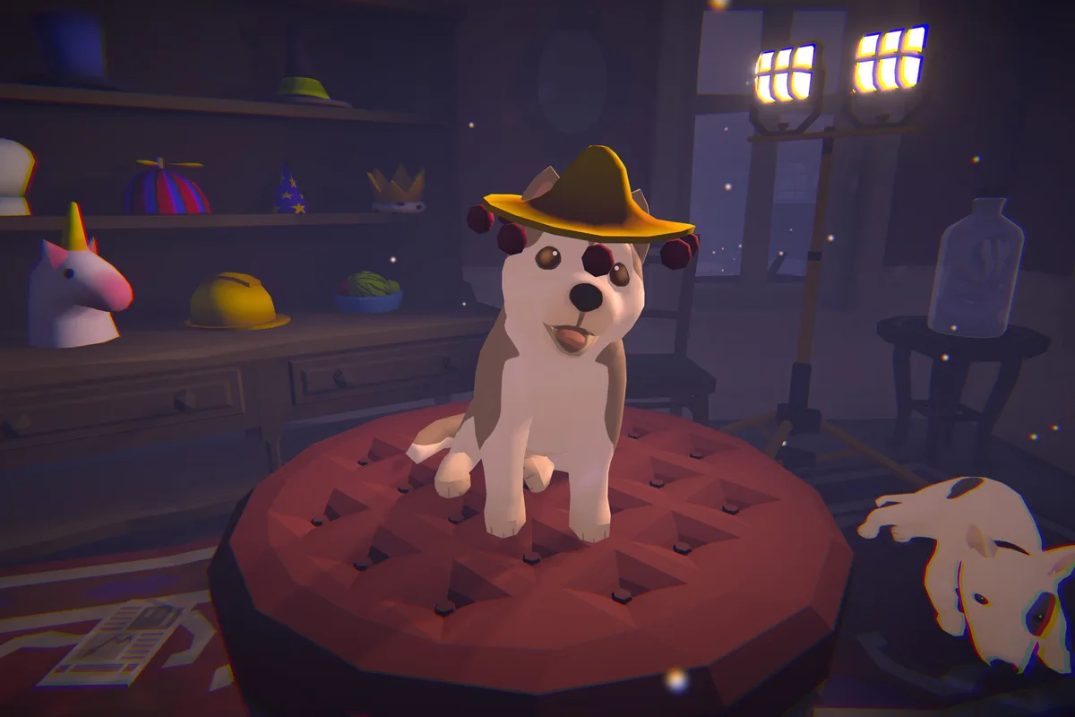 Un petit chien personnalisé porte un chapeau dans Haunted Paws