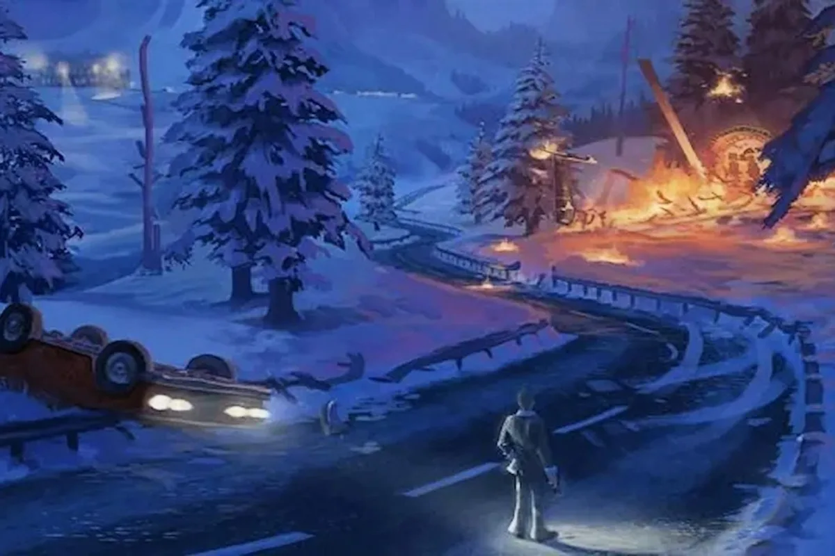 Illustration conceptuelle attribuée au projet Agent montrant une route enneigée, un véhicule accidenté et une scène nocturne.