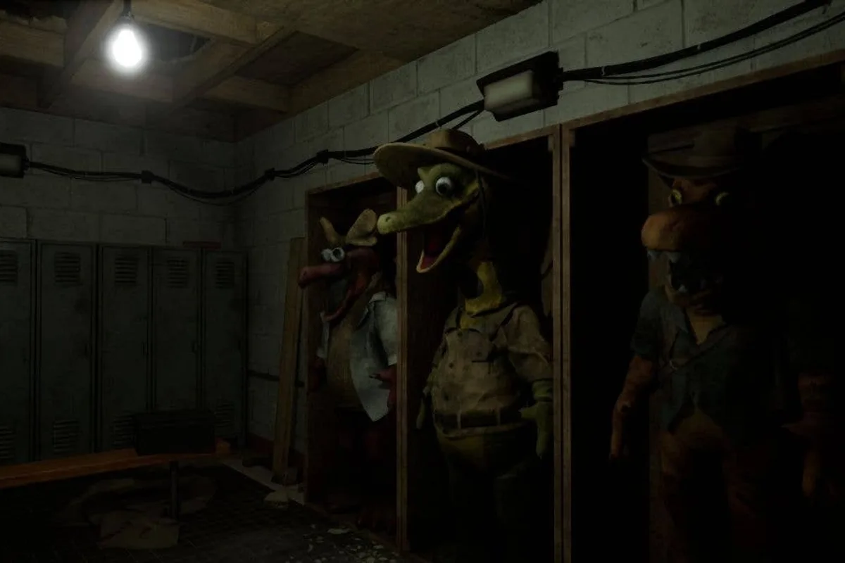 Mascottes dinosaures inquiétantes rangées dans un local abandonné