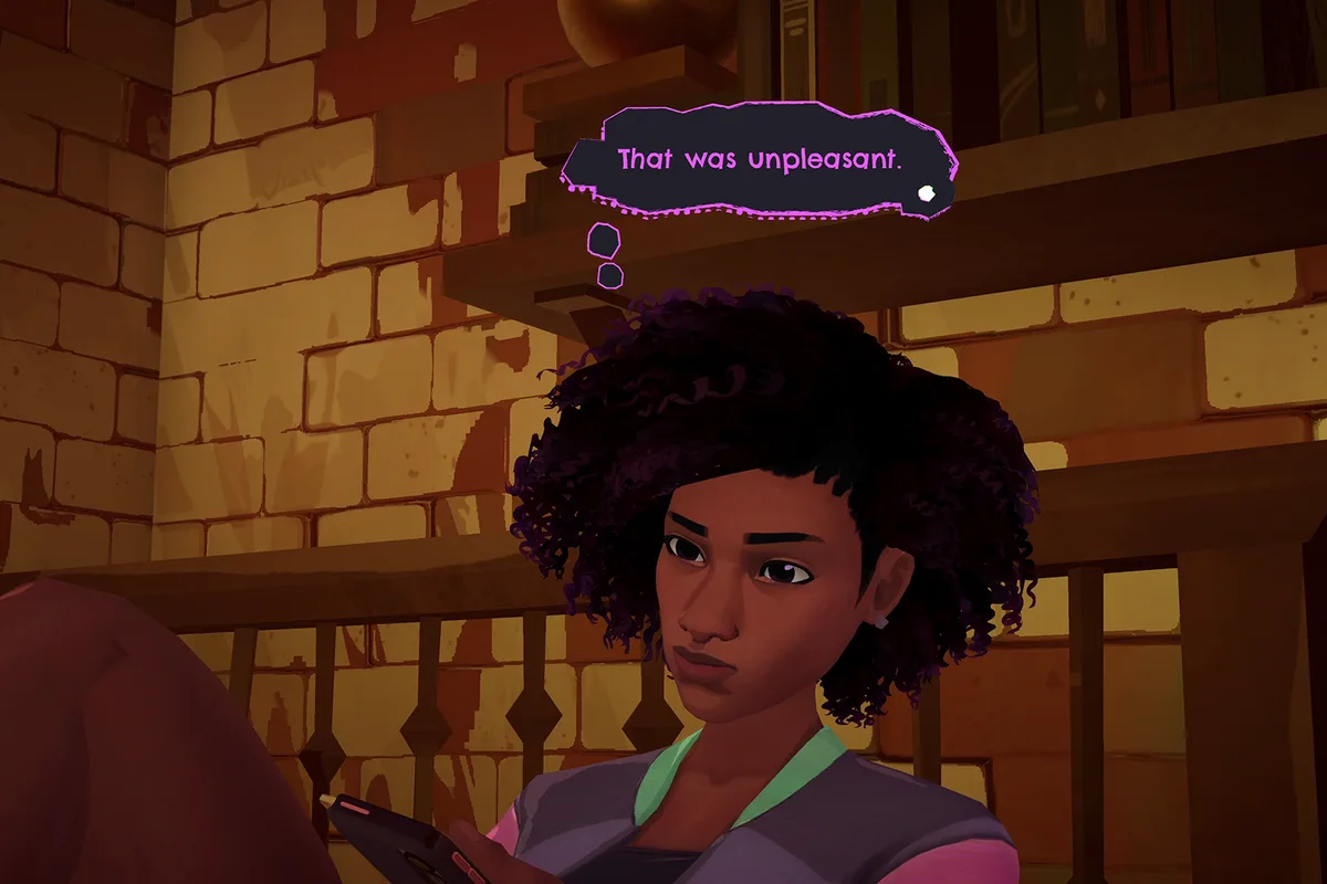 June discute avec un personnage dans une pièce aux murs de briques