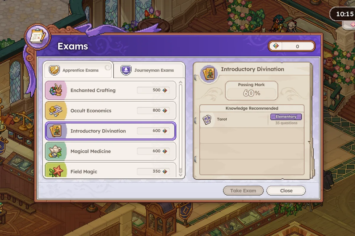 Interface des examens magiques de Witchbrook avec plusieurs disciplines et niveaux de formation